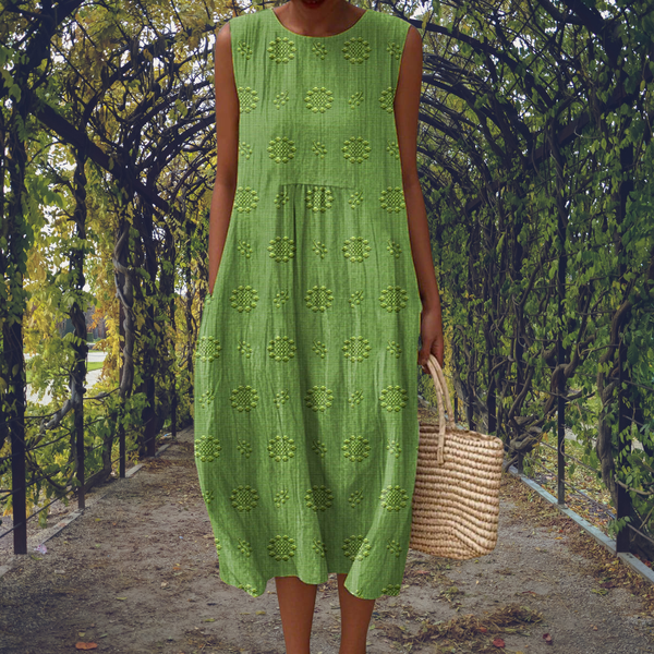 Lieke - Boho Linnen Maxi Jurk Dames met Ronde Hals en Zakken