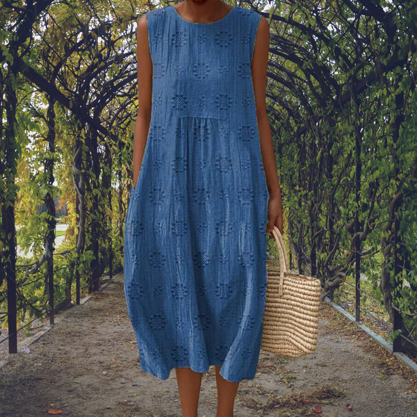 Lieke - Boho Linnen Maxi Jurk Dames met Ronde Hals en Zakken