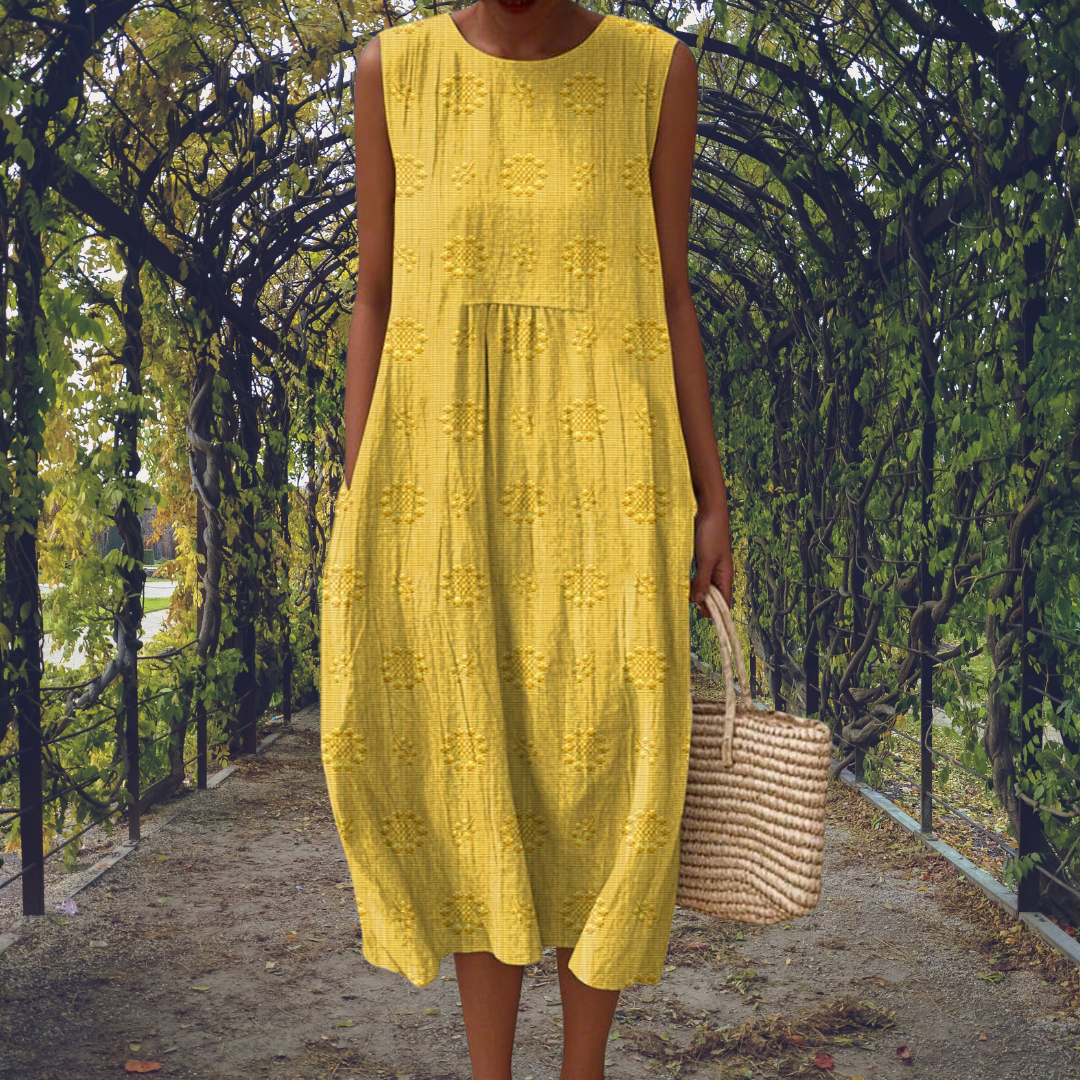 Lieke - Boho Linnen Maxi Jurk Dames met Ronde Hals en Zakken