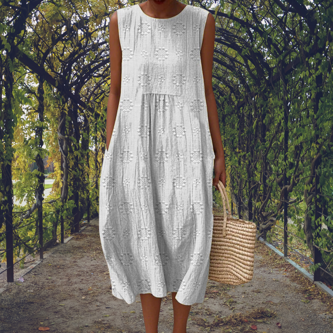 Lieke - Boho Linnen Maxi Jurk Dames met Ronde Hals en Zakken