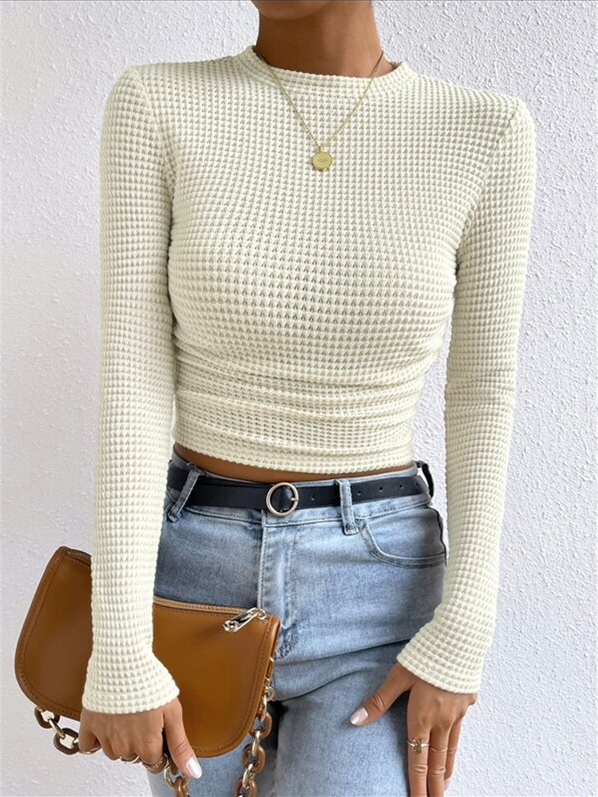 Isa - Dames Top Longsleeve Gebreide Stijl met Ronde Hals en Ruches