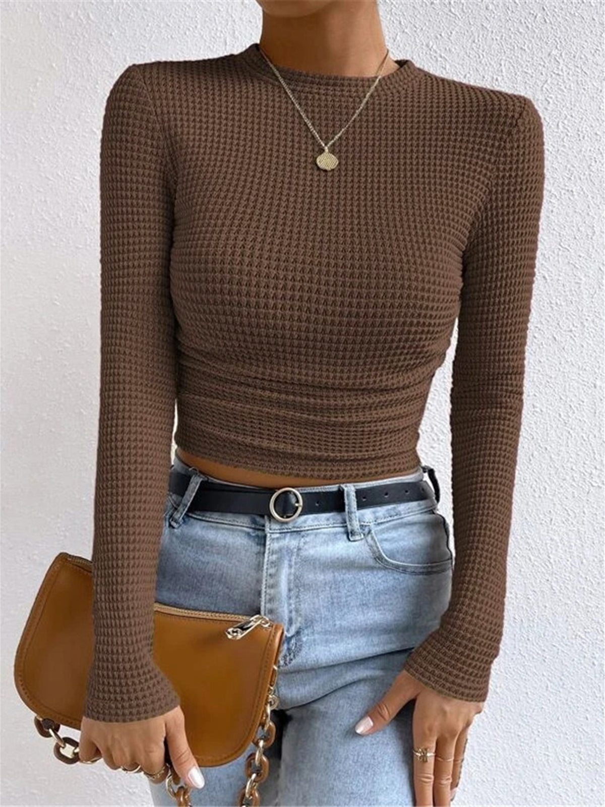 Isa - Dames Top Longsleeve Gebreide Stijl met Ronde Hals en Ruches