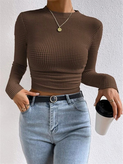 Isa - Dames Top Longsleeve Gebreide Stijl met Ronde Hals en Ruches