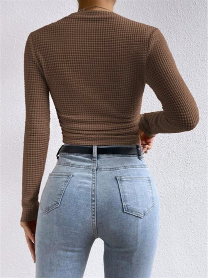 Isa - Dames Top Longsleeve Gebreide Stijl met Ronde Hals en Ruches
