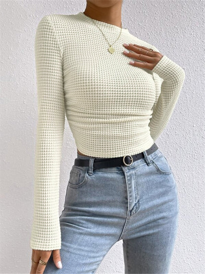 Isa - Dames Top Longsleeve Gebreide Stijl met Ronde Hals en Ruches