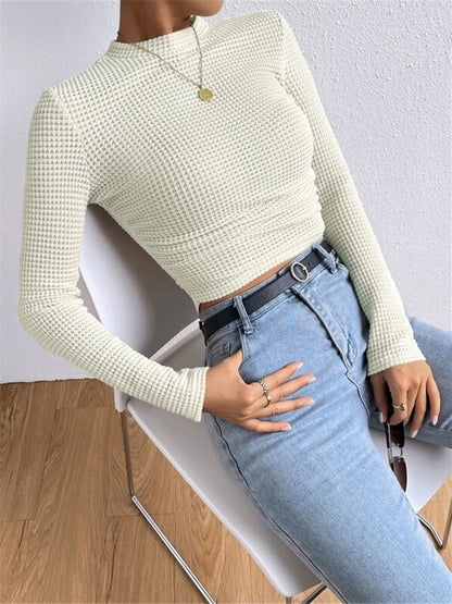 Isa - Dames Top Longsleeve Gebreide Stijl met Ronde Hals en Ruches