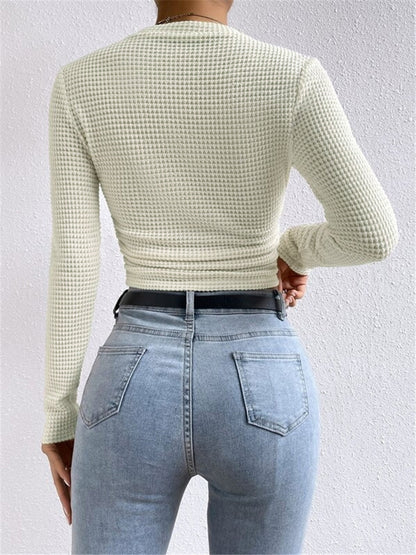 Isa - Dames Top Longsleeve Gebreide Stijl met Ronde Hals en Ruches