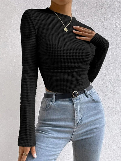 Isa - Dames Top Longsleeve Gebreide Stijl met Ronde Hals en Ruches