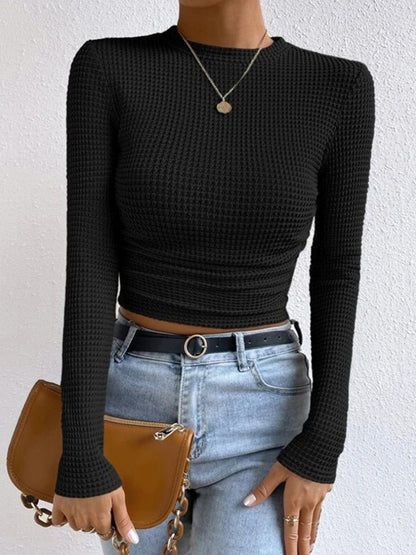 Isa - Dames Top Longsleeve Gebreide Stijl met Ronde Hals en Ruches