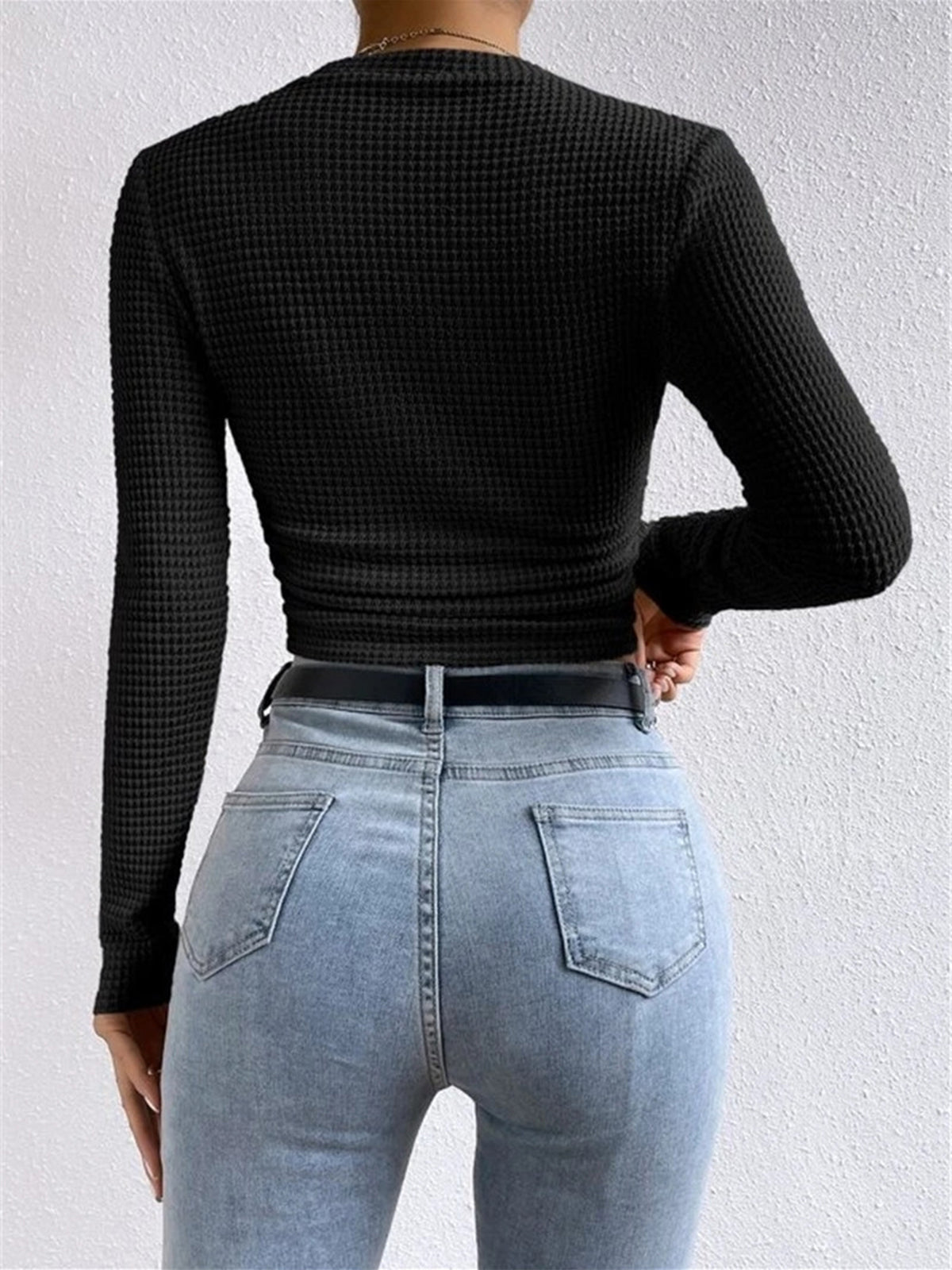 Isa - Dames Top Longsleeve Gebreide Stijl met Ronde Hals en Ruches