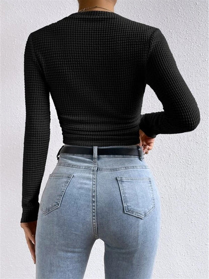 Isa - Dames Top Longsleeve Gebreide Stijl met Ronde Hals en Ruches