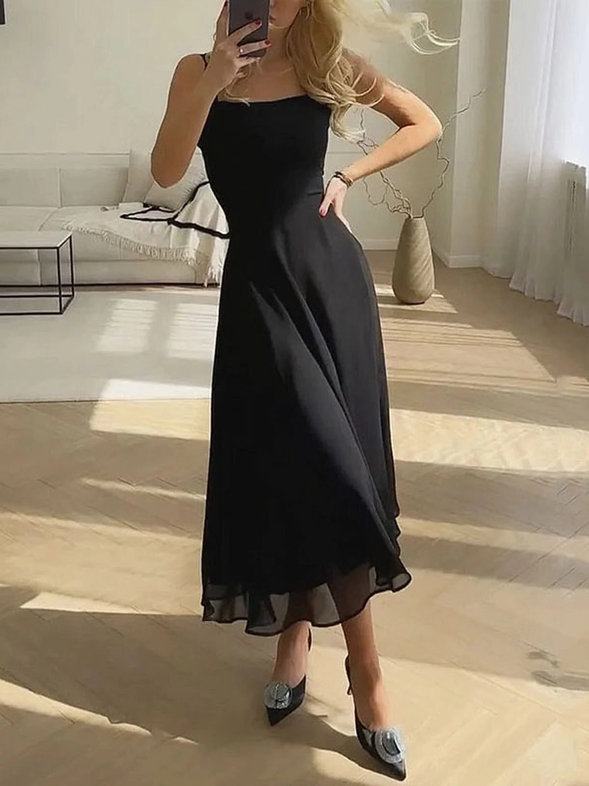 Lieke - Chique Bruiloft Gast Jurk Dames Midi met Bandjes en Vloeiende Rok
