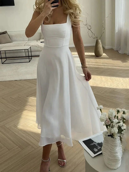 Lieke - Chique Bruiloft Gast Jurk Dames Midi met Bandjes en Vloeiende Rok