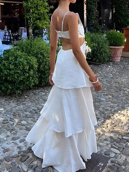 Lieke - Chique Galajurk Dames met Strikdetail en Gelaagde Maxi Rok