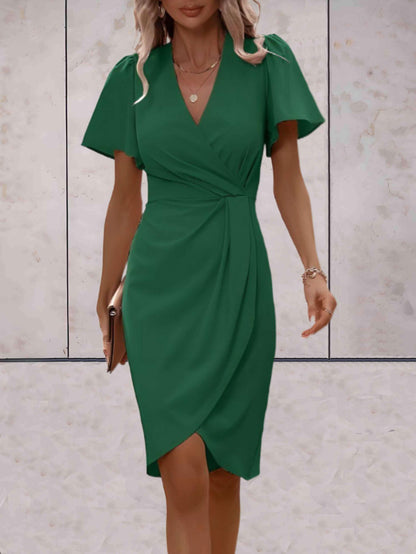 Lieke - Chique Midi Zomerjurk Dames met V-hals en Gedrapeerde Wikkelrok