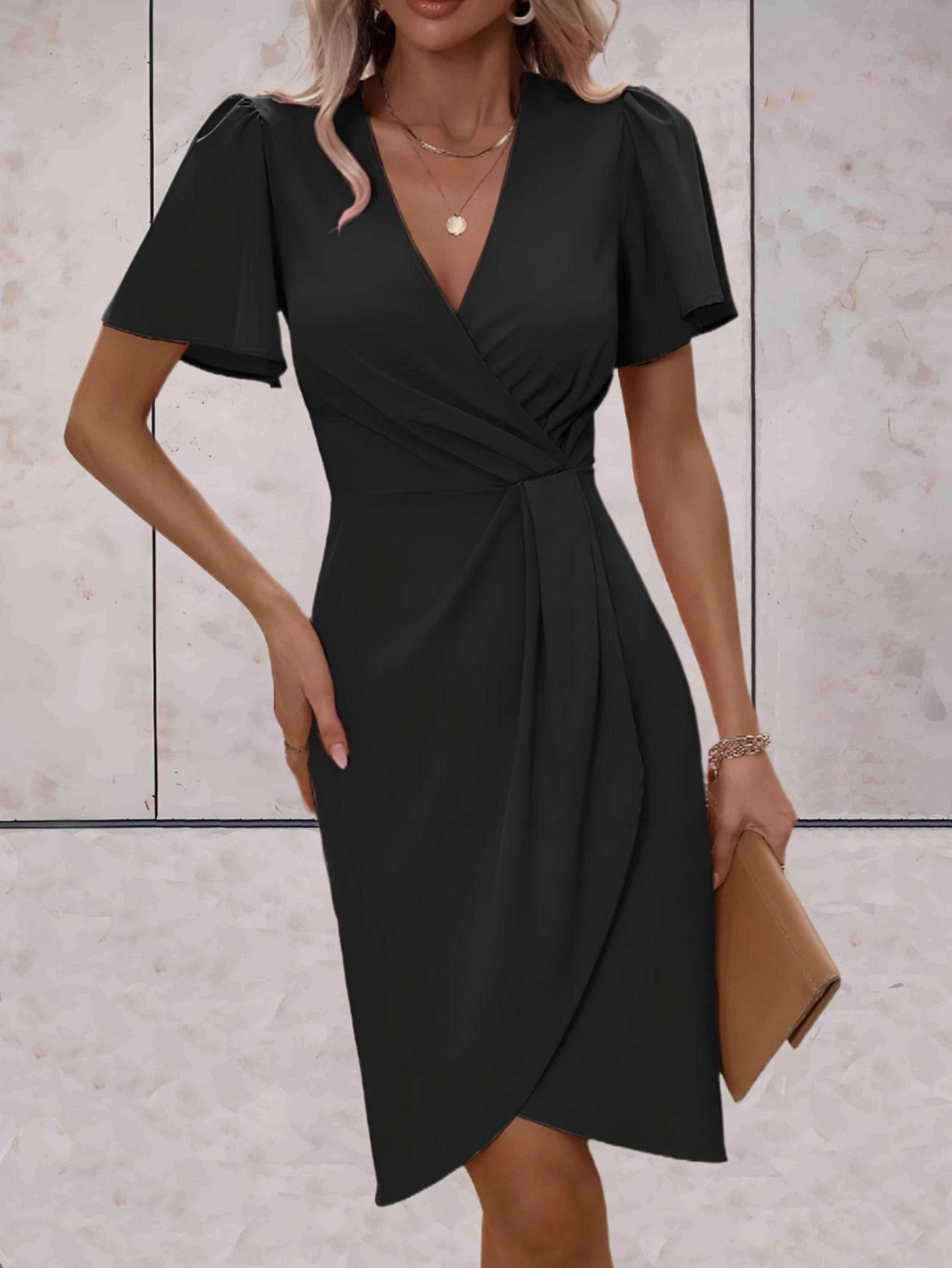 Lieke - Chique Midi Zomerjurk Dames met V-hals en Gedrapeerde Wikkelrok