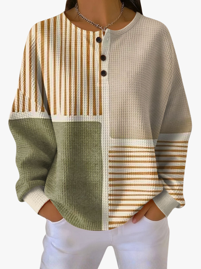 Lieke - Dames Trui Gebreide Stijl met Knoopsluiting en Gestreept Patchwork
