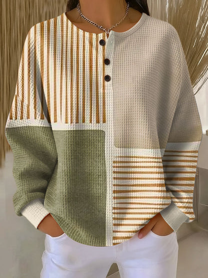 Lieke - Dames Trui Gebreide Stijl met Knoopsluiting en Gestreept Patchwork