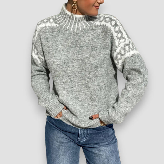 Lieke - Dames Trui Warm en Grof Gebreid met Hoge Col en Noors Patroon