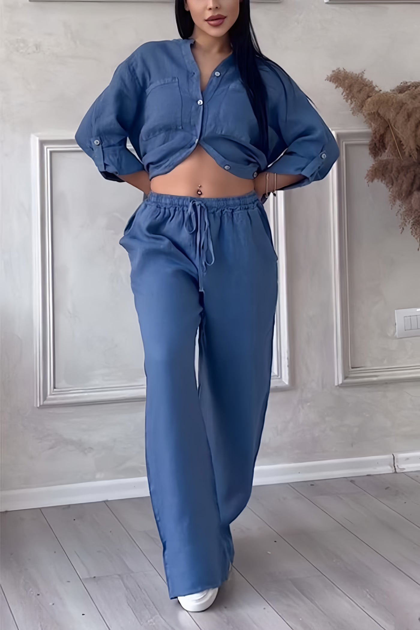 Britt - Trendy Linnen Co-ord Set Dames met Geknoopte Blouse en Palazzo Broek