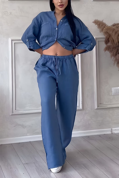 Britt - Trendy Linnen Co-ord Set Dames met Geknoopte Blouse en Palazzo Broek