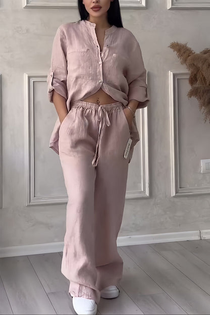 Britt - Trendy Linnen Co-ord Set Dames met Geknoopte Blouse en Palazzo Broek