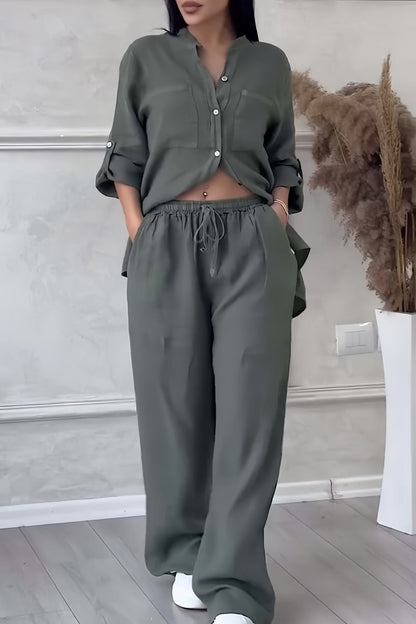 Britt - Trendy Linnen Co-ord Set Dames met Geknoopte Blouse en Palazzo Broek