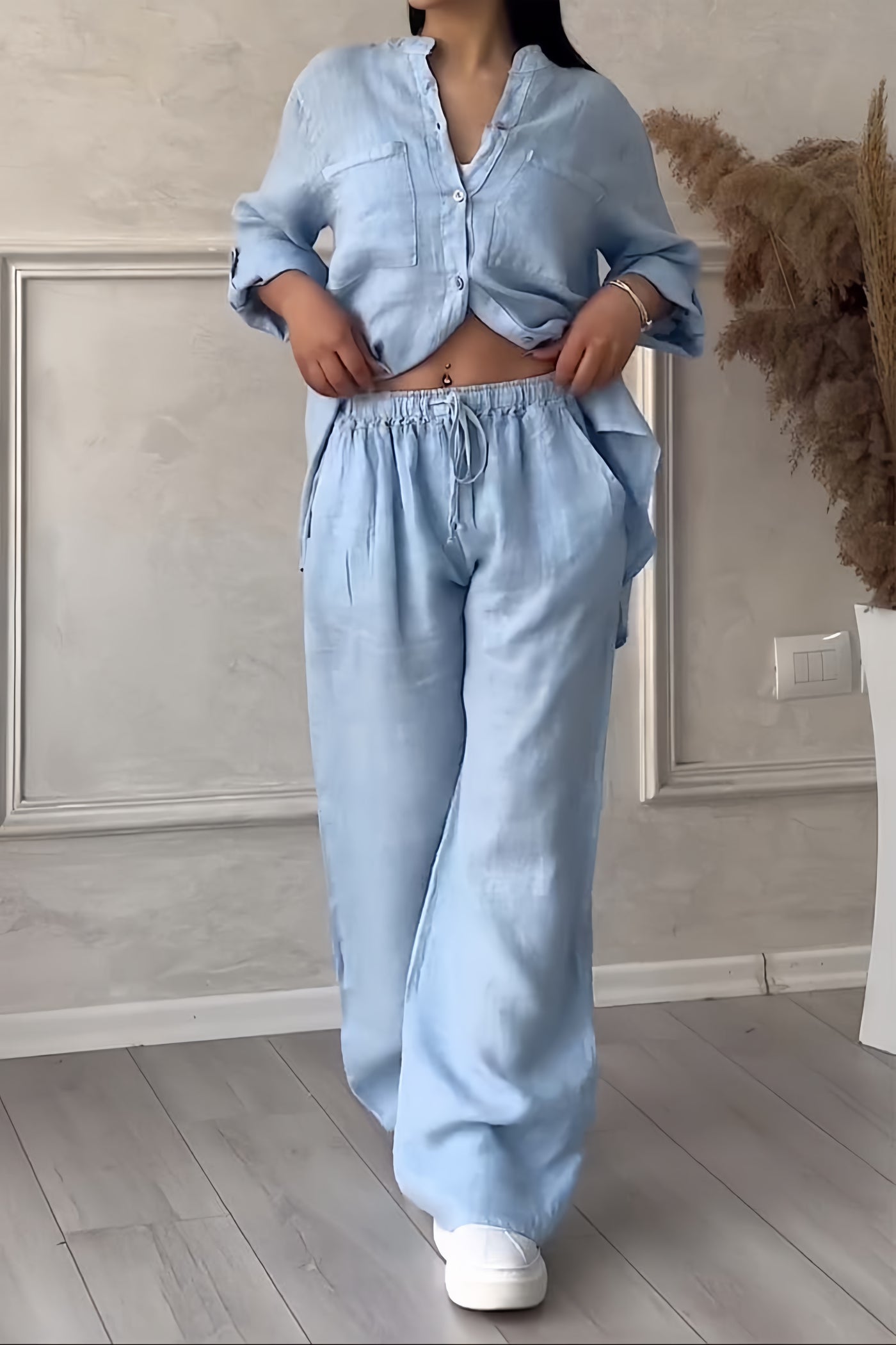 Britt - Trendy Linnen Co-ord Set Dames met Geknoopte Blouse en Palazzo Broek