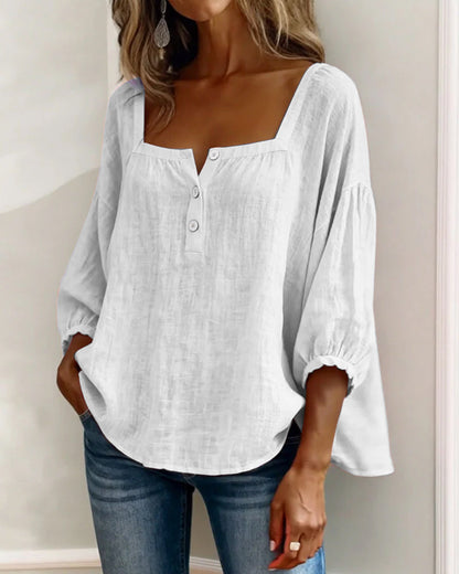 Lieke - Stijlvolle Linnen Blouse Dames met Vierkante Hals en Ballonmouwen