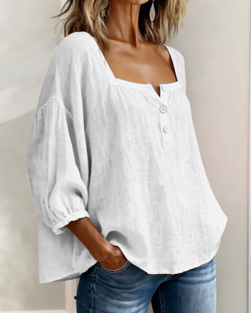 Lieke - Stijlvolle Linnen Blouse Dames met Vierkante Hals en Ballonmouwen