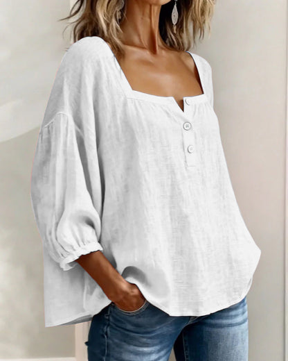 Lieke - Stijlvolle Linnen Blouse Dames met Vierkante Hals en Ballonmouwen
