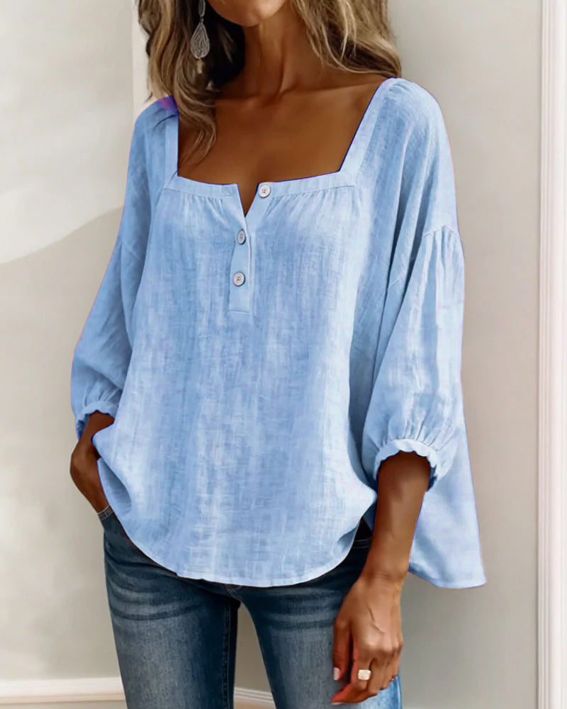 Lieke - Stijlvolle Linnen Blouse Dames met Vierkante Hals en Ballonmouwen