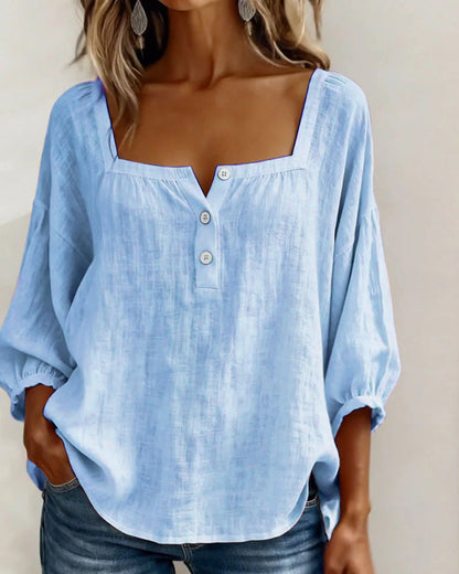 Lieke - Stijlvolle Linnen Blouse Dames met Vierkante Hals en Ballonmouwen