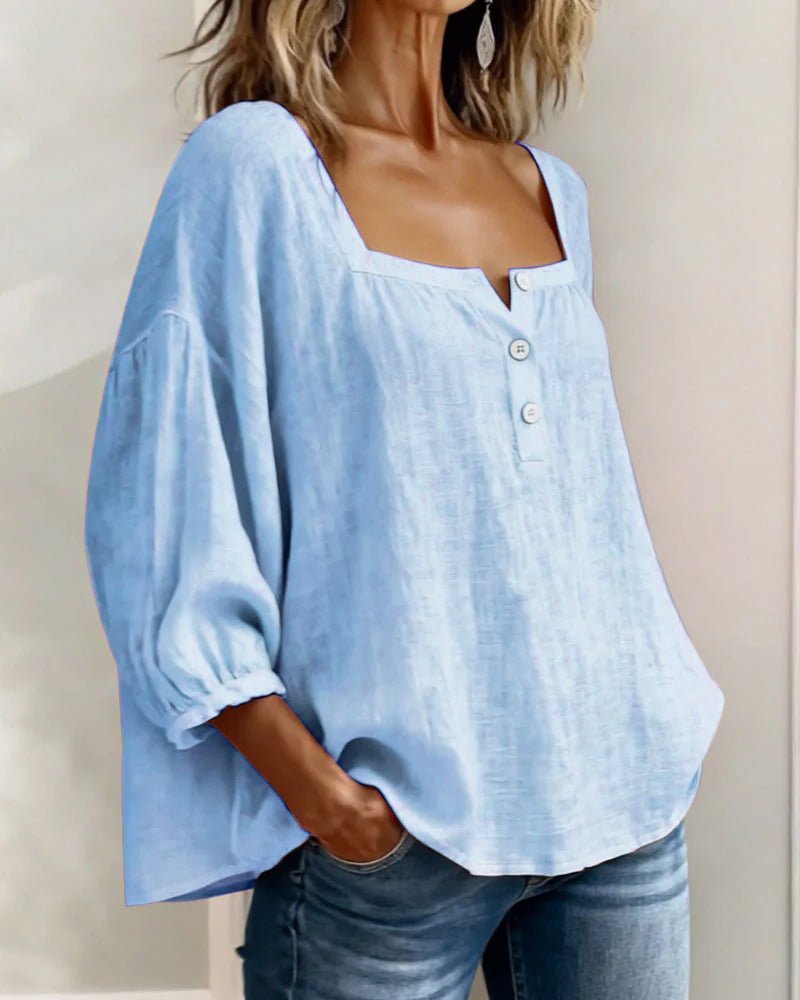 Lieke - Stijlvolle Linnen Blouse Dames met Vierkante Hals en Ballonmouwen