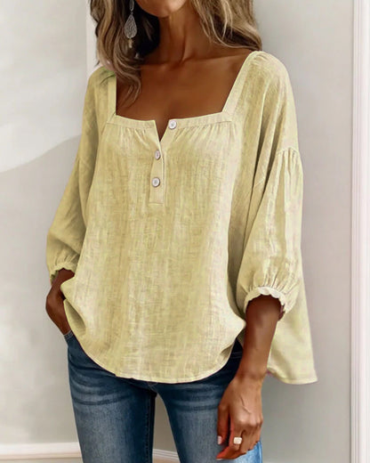 Lieke - Stijlvolle Linnen Blouse Dames met Vierkante Hals en Ballonmouwen