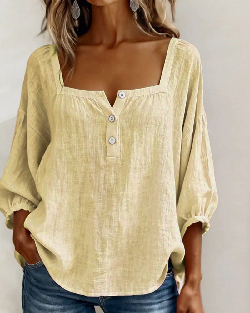 Lieke - Stijlvolle Linnen Blouse Dames met Vierkante Hals en Ballonmouwen