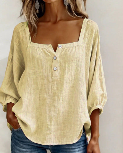 Lieke - Stijlvolle Linnen Blouse Dames met Vierkante Hals en Ballonmouwen