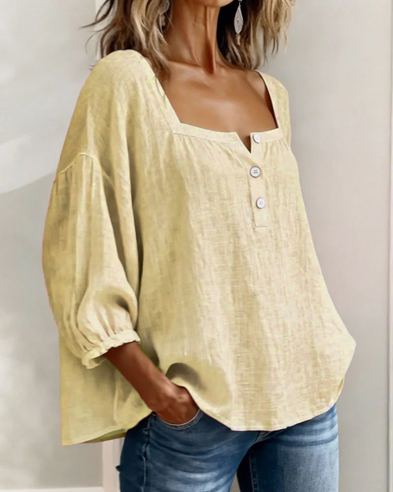 Lieke - Stijlvolle Linnen Blouse Dames met Vierkante Hals en Ballonmouwen