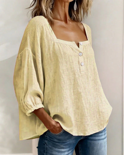 Lieke - Stijlvolle Linnen Blouse Dames met Vierkante Hals en Ballonmouwen