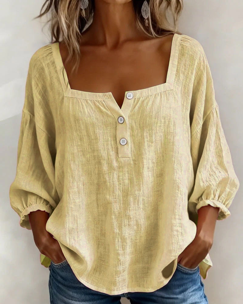 Lieke - Stijlvolle Linnen Blouse Dames met Vierkante Hals en Ballonmouwen