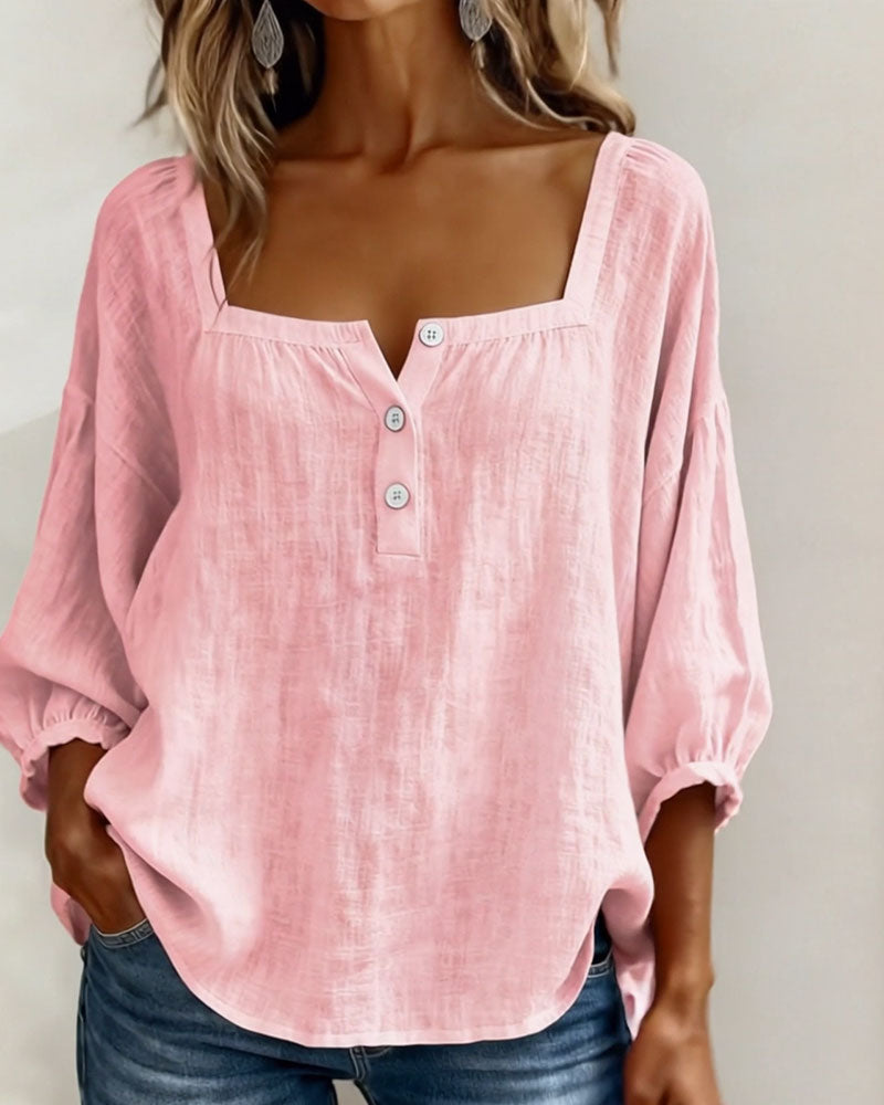 Lieke - Stijlvolle Linnen Blouse Dames met Vierkante Hals en Ballonmouwen