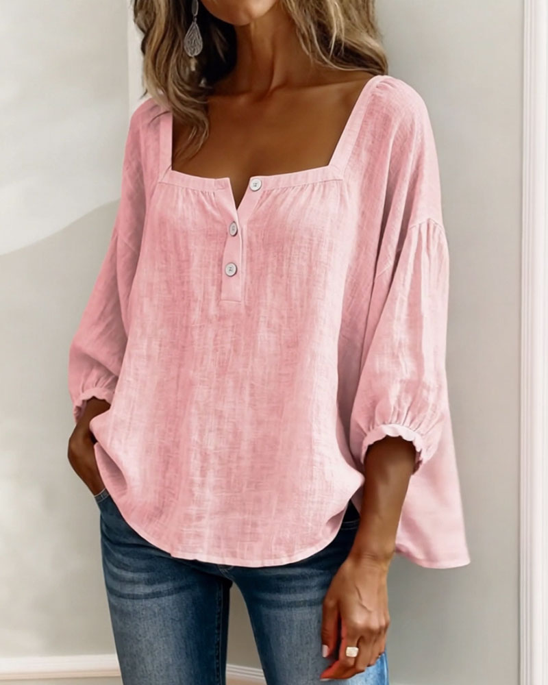 Lieke - Stijlvolle Linnen Blouse Dames met Vierkante Hals en Ballonmouwen