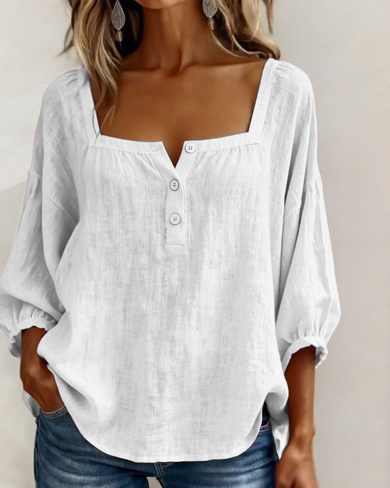Lieke - Stijlvolle Linnen Blouse Dames met Vierkante Hals en Ballonmouwen
