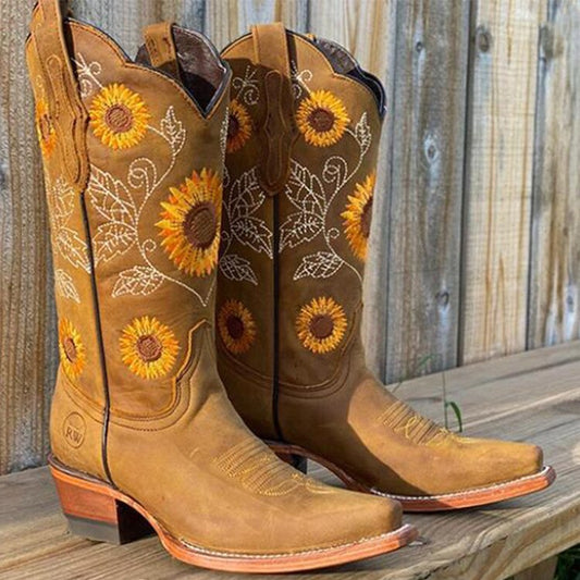 Yara - Dames Cowboylaarzen Herfst met Borduursel en Vierkante Neus