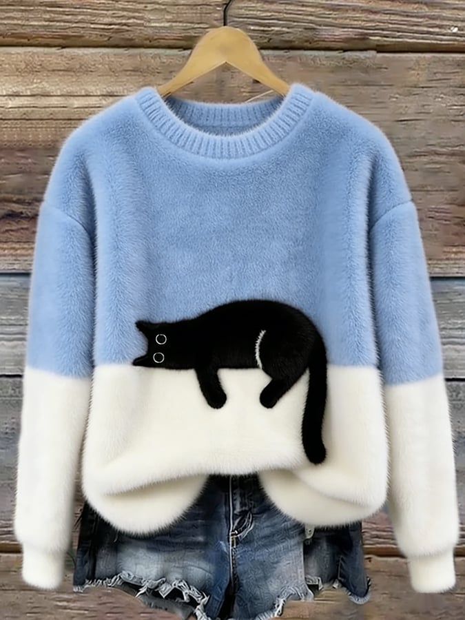 Maud - Dames Gebreide Trui Herfst met Kattenmotief en Geribde Boorden