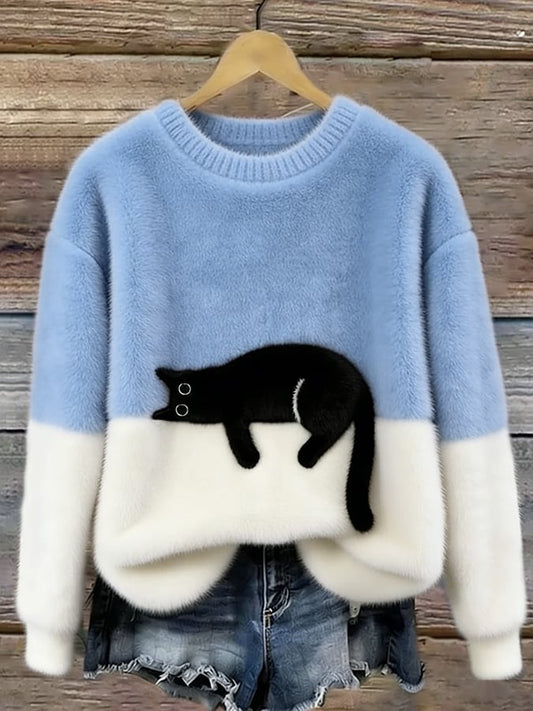 Maud - Dames Gebreide Trui Herfst met Kattenmotief en Geribde Boorden