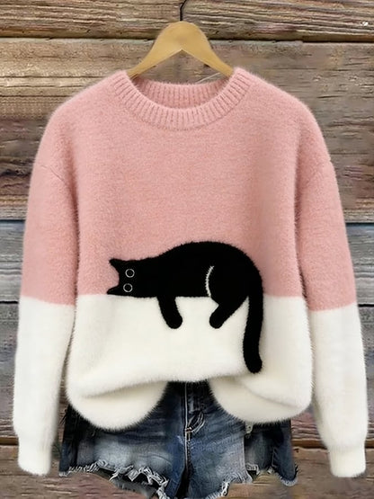 Maud - Dames Gebreide Trui Herfst met Kattenmotief en Geribde Boorden