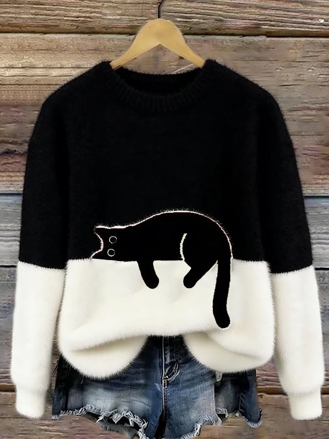 Maud - Dames Gebreide Trui Herfst met Kattenmotief en Geribde Boorden