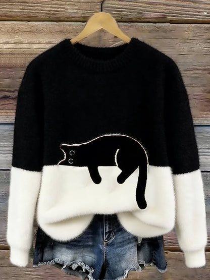 Maud - Dames Gebreide Trui Herfst met Kattenmotief en Geribde Boorden