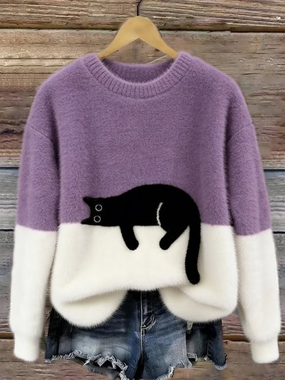 Maud - Dames Gebreide Trui Herfst met Kattenmotief en Geribde Boorden